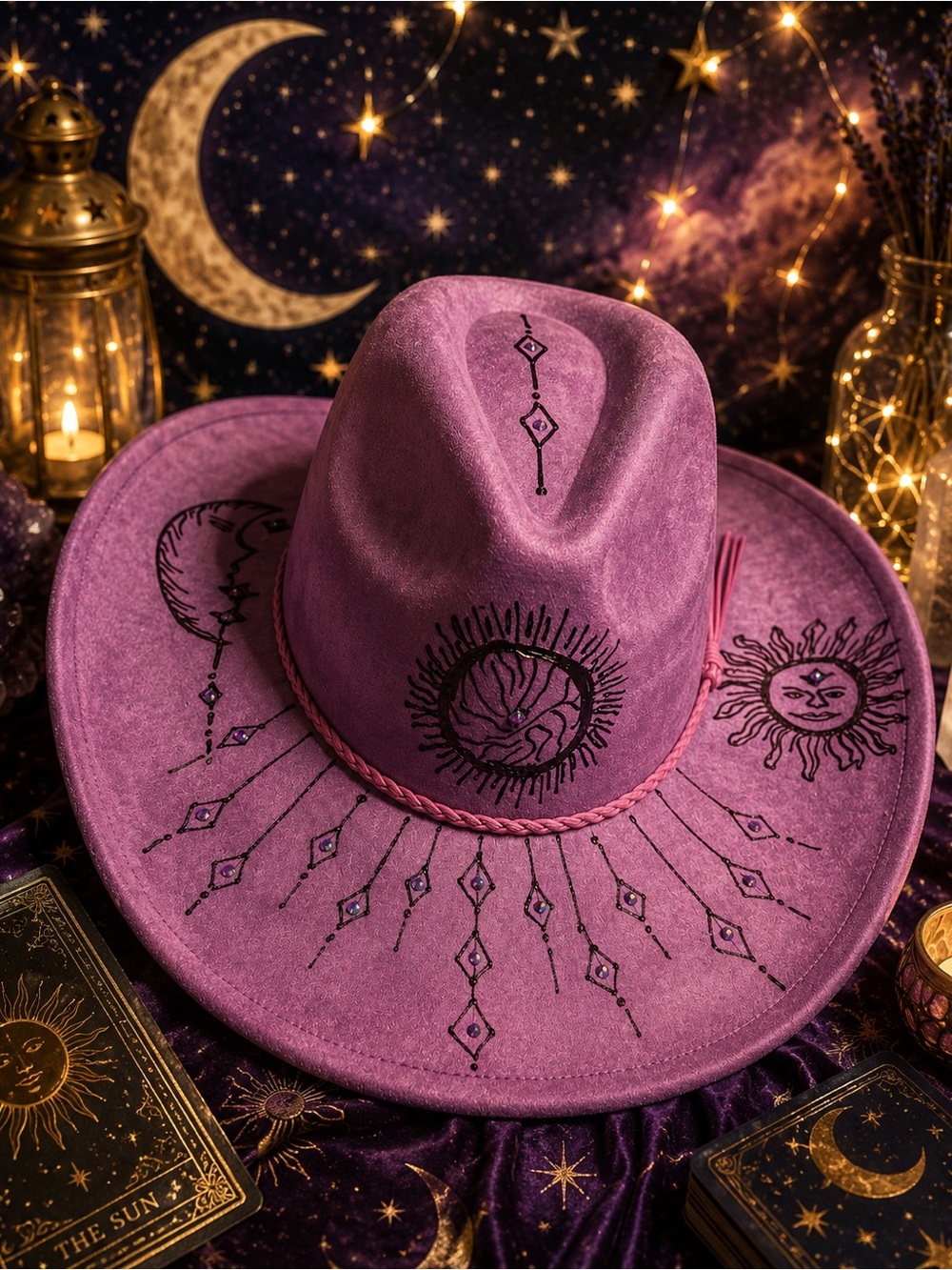Purple vegan Suede Cowboy Hat with Sun & Moon Design